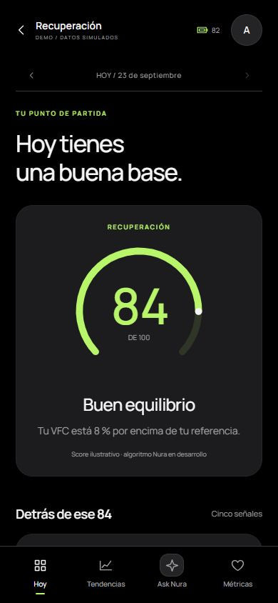 Nura App · Recuperación. Captura del prototipo con datos simulados.