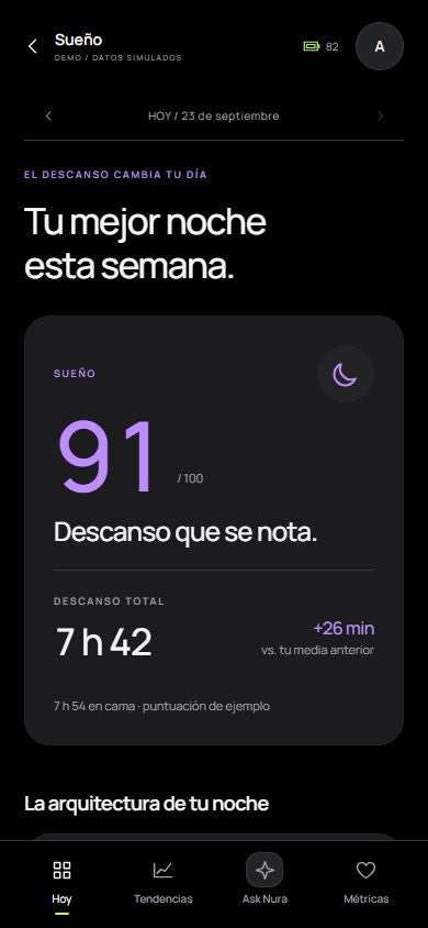 Nura App · Sueño. Captura del prototipo con datos simulados.